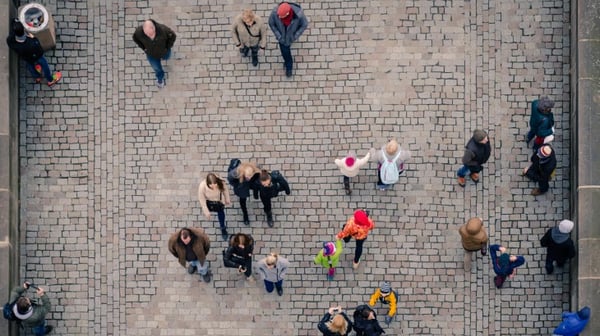 Birds-eye view of people walking